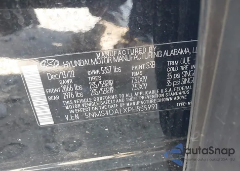 2023 Hyundai Santa Fe Limited from USA, damaged, VIN 5NMS4DALXPH535991